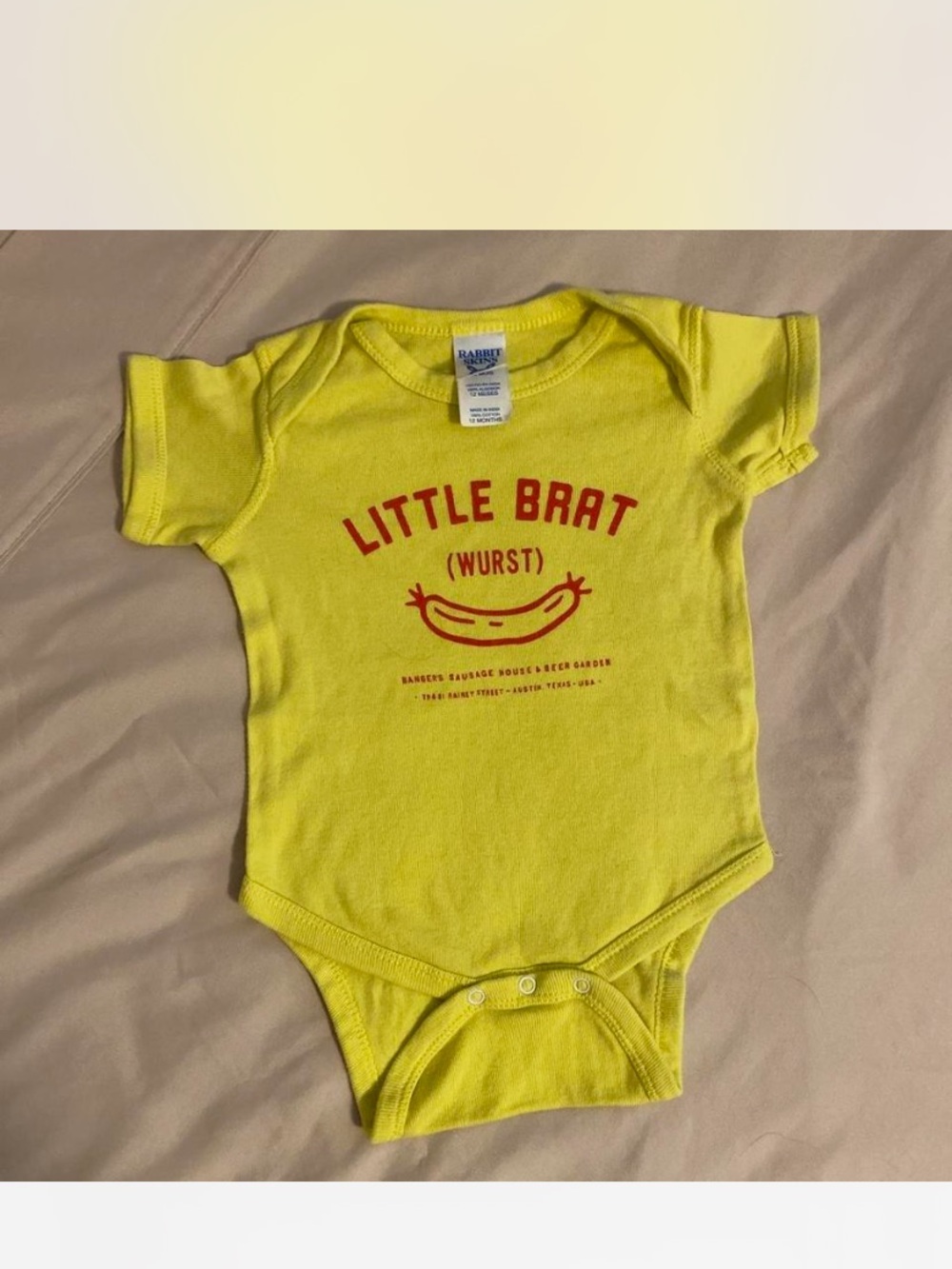 Rabbit Skins Yellow Baby Bodysuit with Red "Little Brat (Wurst)" Graphic